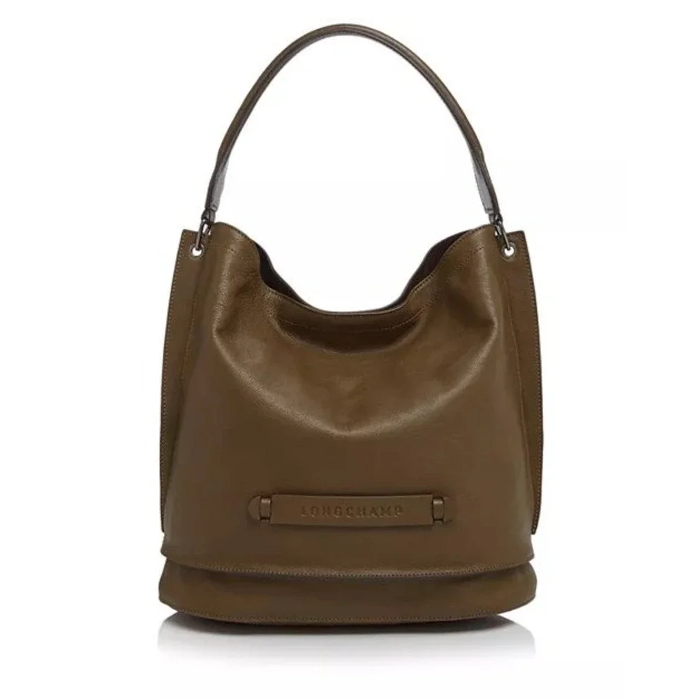 Longchamp 3D monochromatic Leather Hobo Bag Olive Green Logo Made in France